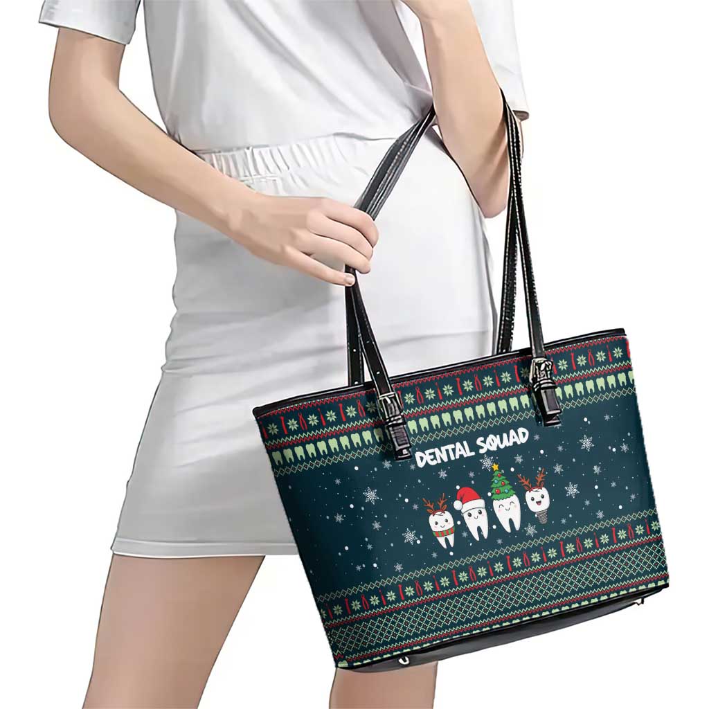 Funny Christmas Dental Squad Tooth Characters Leather Tote Bag Snowflake Pattern Design - Wonder Print Shop