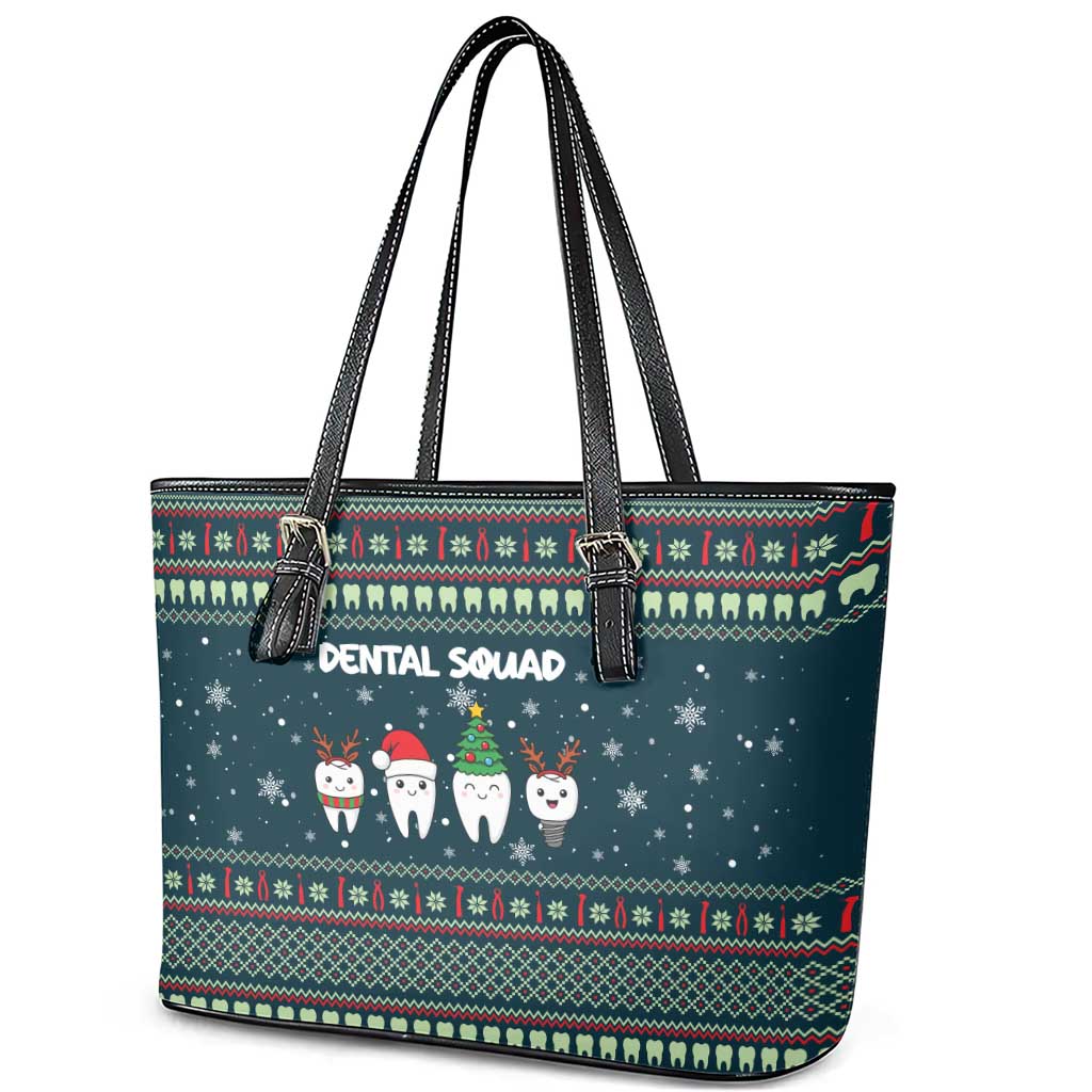 Funny Christmas Dental Squad Tooth Characters Leather Tote Bag Snowflake Pattern Design - Wonder Print Shop