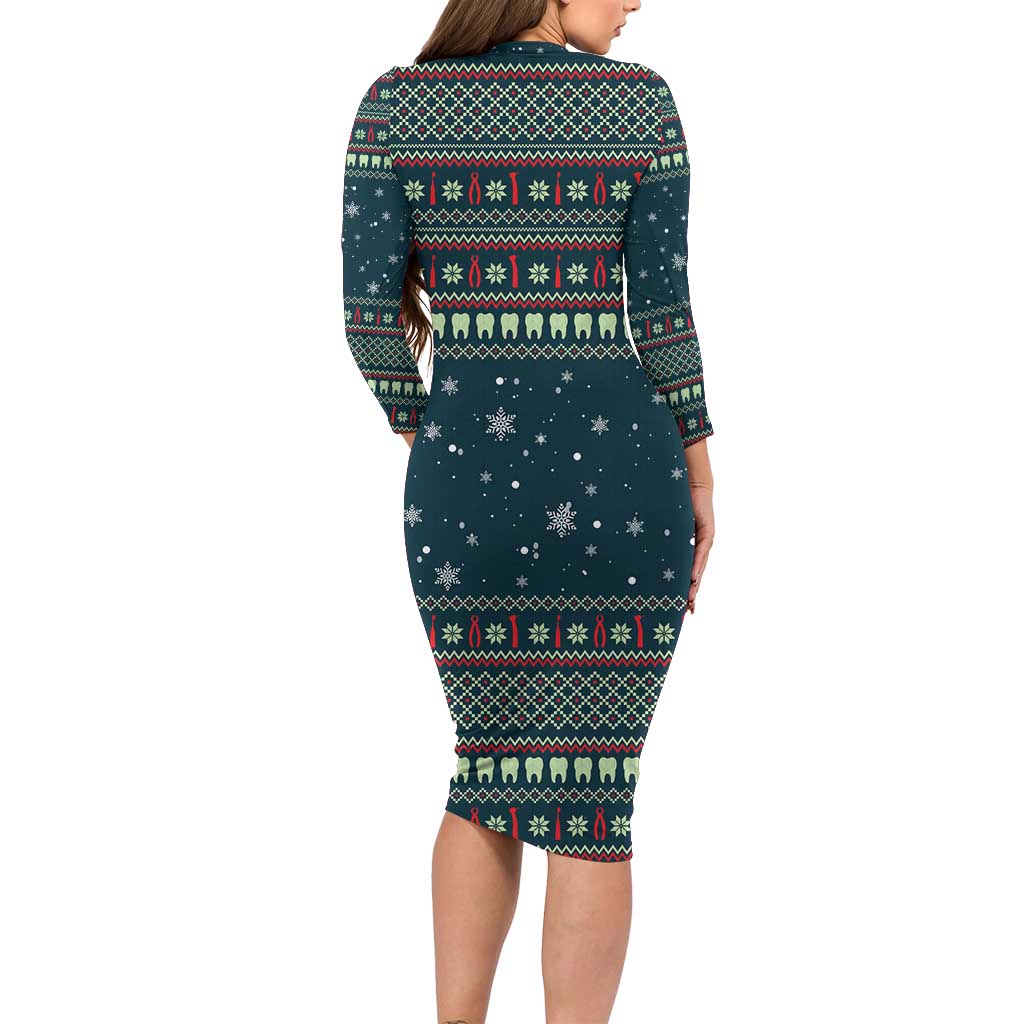 Funny Christmas Dental Squad Tooth Characters Long Sleeve Bodycon Dress Snowflake Pattern Design - Wonder Print Shop