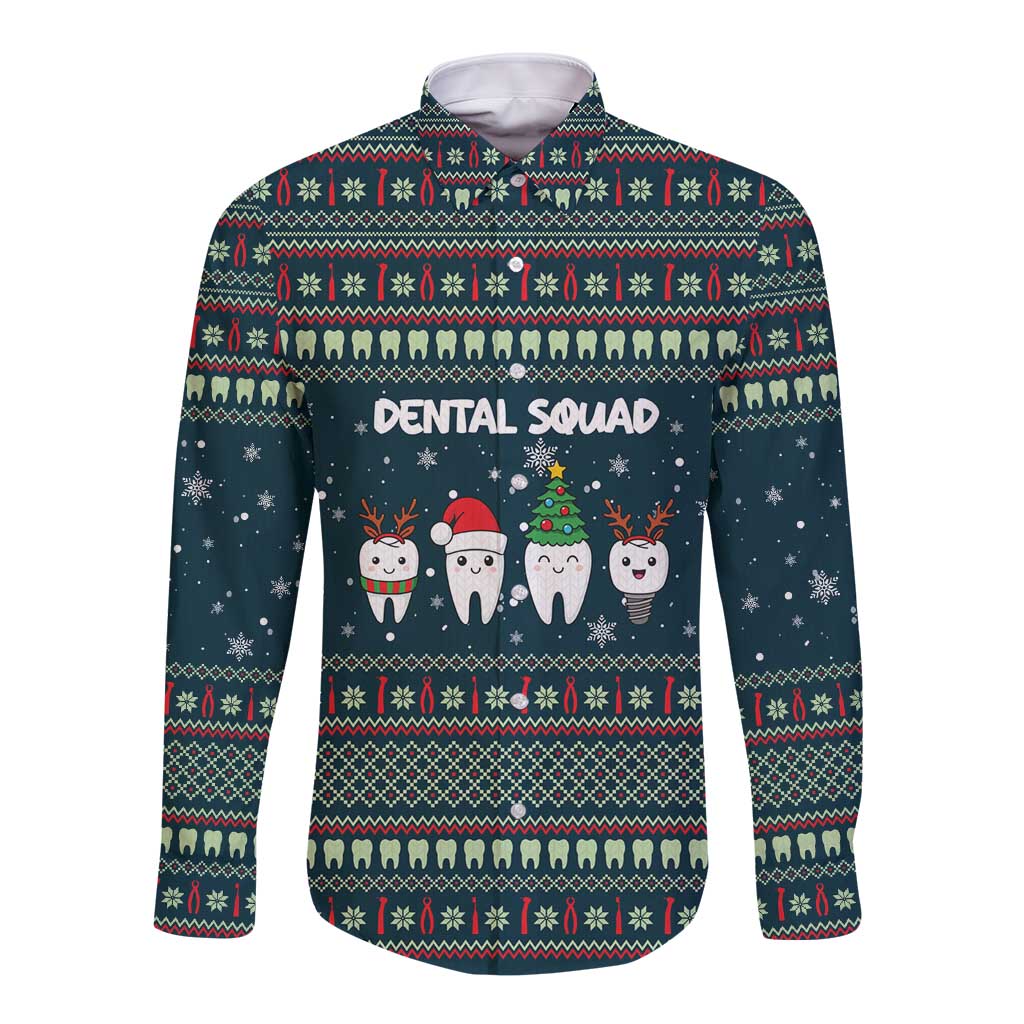 Funny Christmas Dental Squad Tooth Characters Long Sleeve Button Shirt Snowflake Pattern Design - Wonder Print Shop