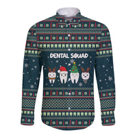 Funny Christmas Dental Squad Tooth Characters Long Sleeve Button Shirt Snowflake Pattern Design - Wonder Print Shop