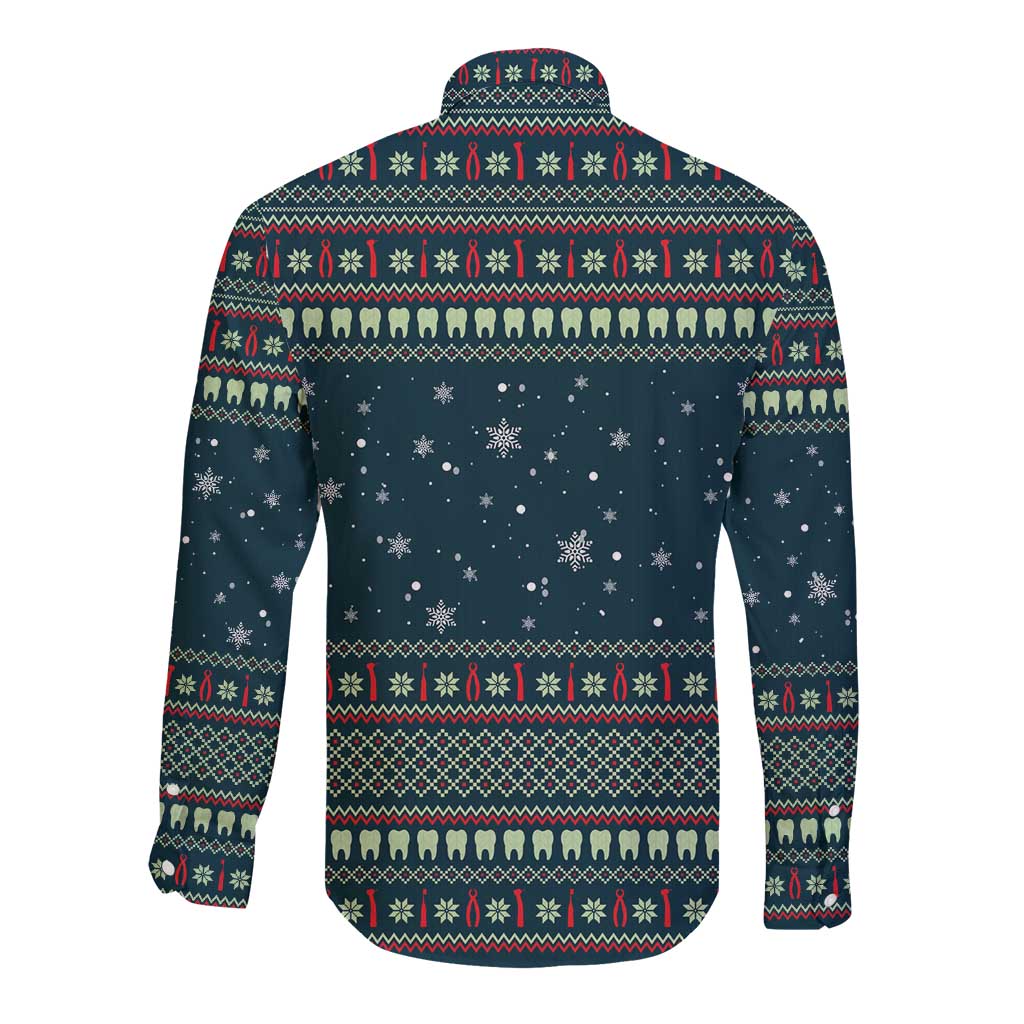 Funny Christmas Dental Squad Tooth Characters Long Sleeve Button Shirt Snowflake Pattern Design - Wonder Print Shop
