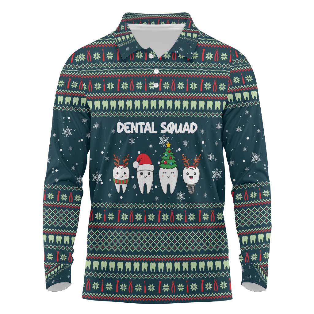Funny Christmas Dental Squad Tooth Characters Long Sleeve Polo Shirt Snowflake Pattern Design - Wonder Print Shop