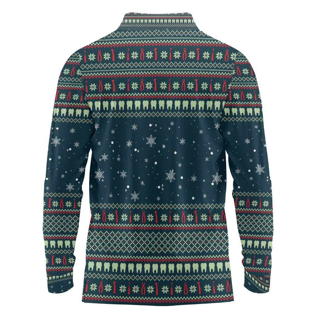 Funny Christmas Dental Squad Tooth Characters Long Sleeve Polo Shirt Snowflake Pattern Design - Wonder Print Shop