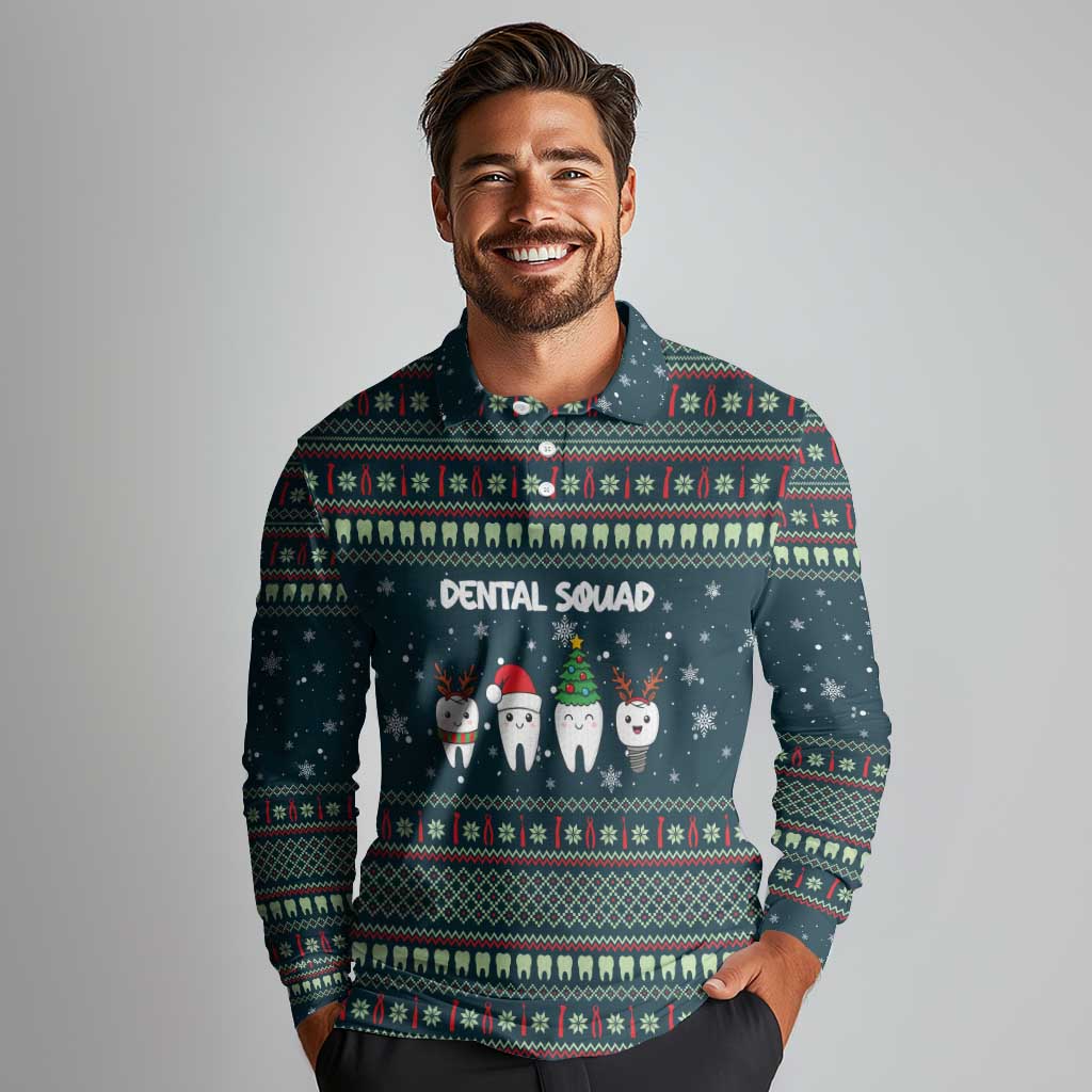 Funny Christmas Dental Squad Tooth Characters Long Sleeve Polo Shirt Snowflake Pattern Design - Wonder Print Shop