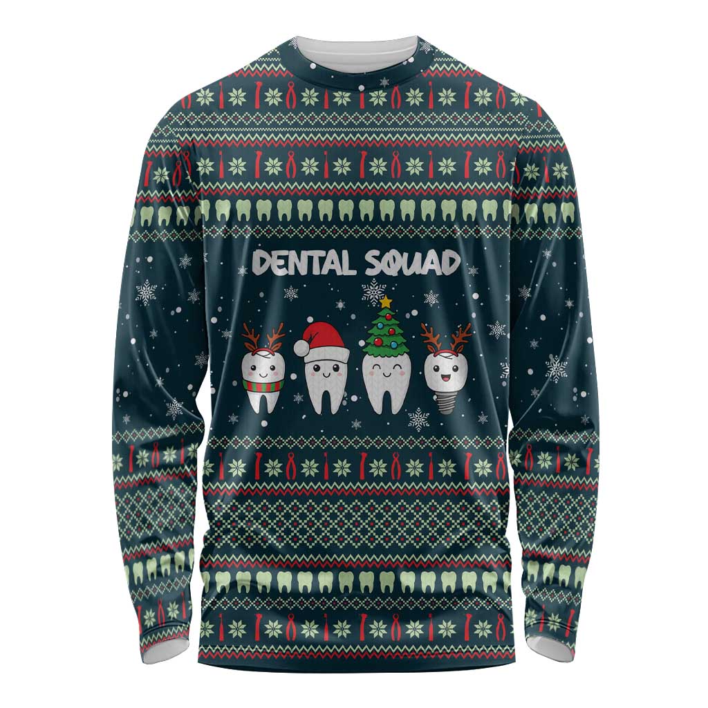 Funny Christmas Dental Squad Tooth Characters Long Sleeve Shirt Snowflake Pattern Design - Wonder Print Shop