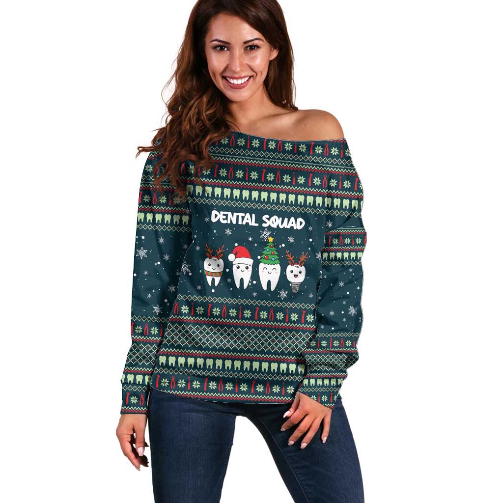 Funny Christmas Dental Squad Tooth Characters Off Shoulder Sweater Snowflake Pattern Design - Wonder Print Shop