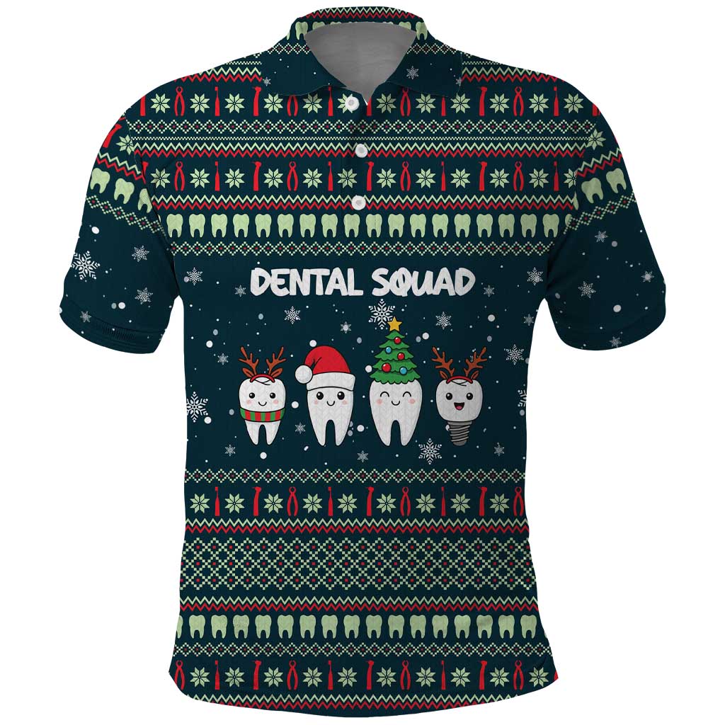 Funny Christmas Dental Squad Tooth Characters Polo Shirt Snowflake Pattern Design - Wonder Print Shop