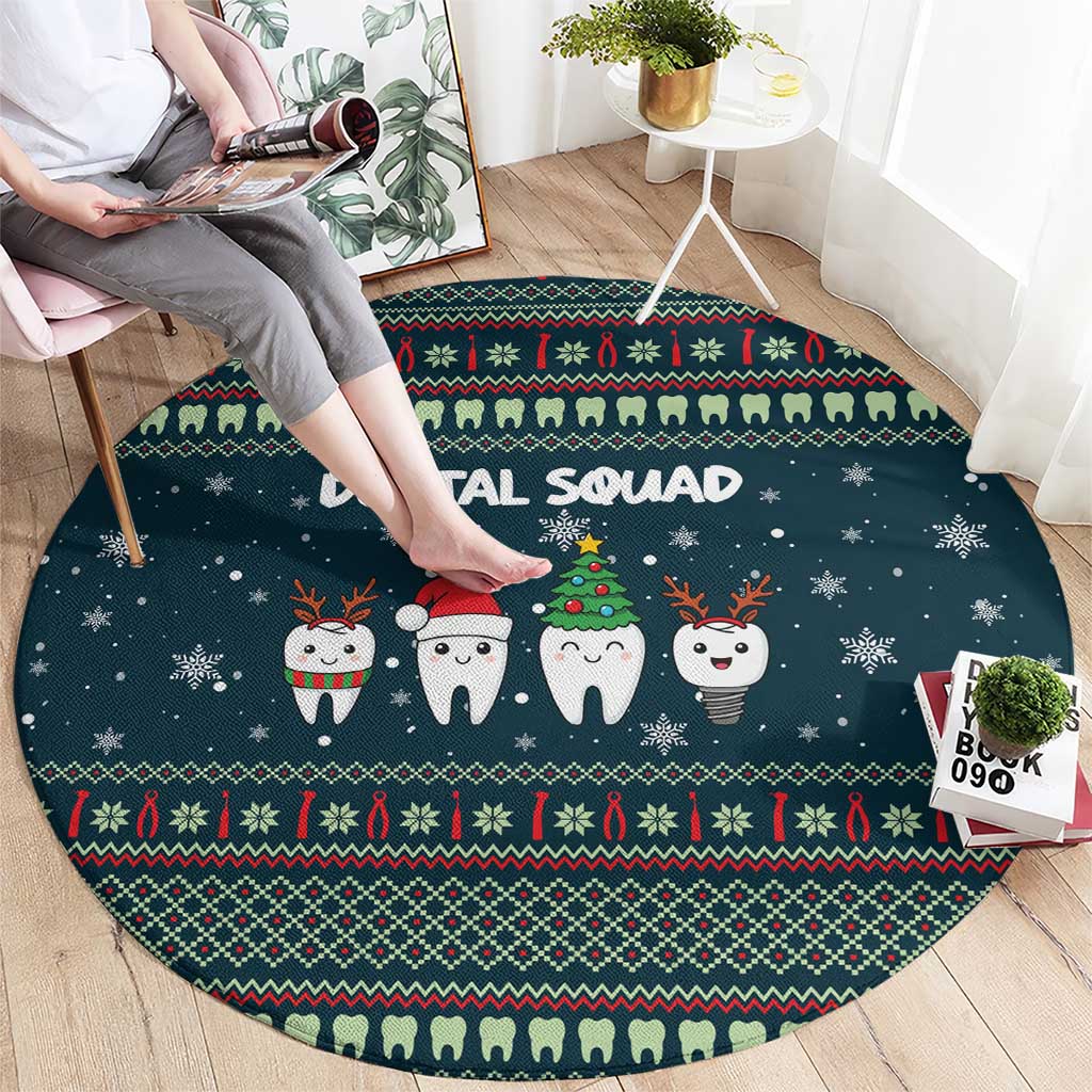 Funny Christmas Dental Squad Tooth Characters Round Carpet Snowflake Pattern Design - Wonder Print Shop