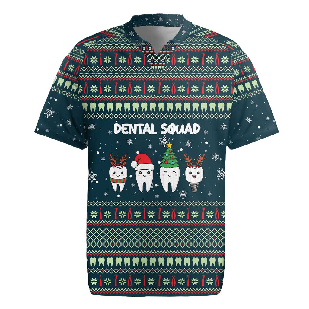Funny Christmas Dental Squad Tooth Characters Rugby Jersey Snowflake Pattern Design - Wonder Print Shop