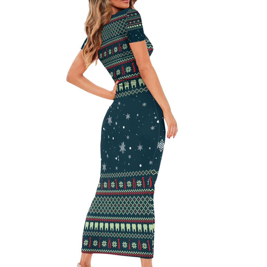 Funny Christmas Dental Squad Tooth Characters Short Sleeve Bodycon Dress Snowflake Pattern Design - Wonder Print Shop