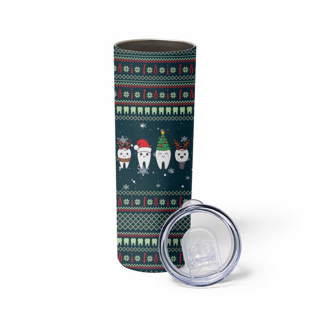Funny Christmas Dental Squad Tooth Characters Skinny Tumbler Snowflake Pattern Design - Wonder Print Shop
