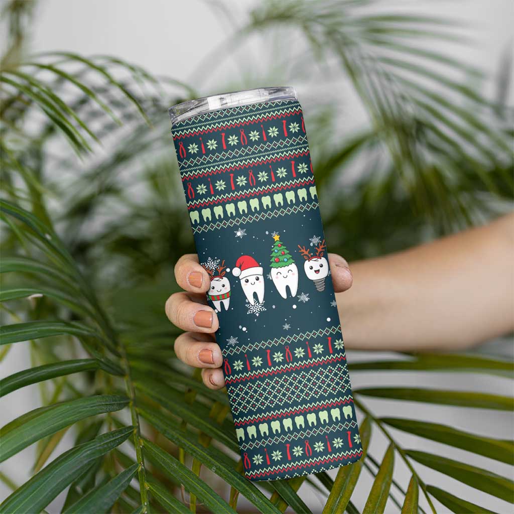 Funny Christmas Dental Squad Tooth Characters Skinny Tumbler Snowflake Pattern Design - Wonder Print Shop