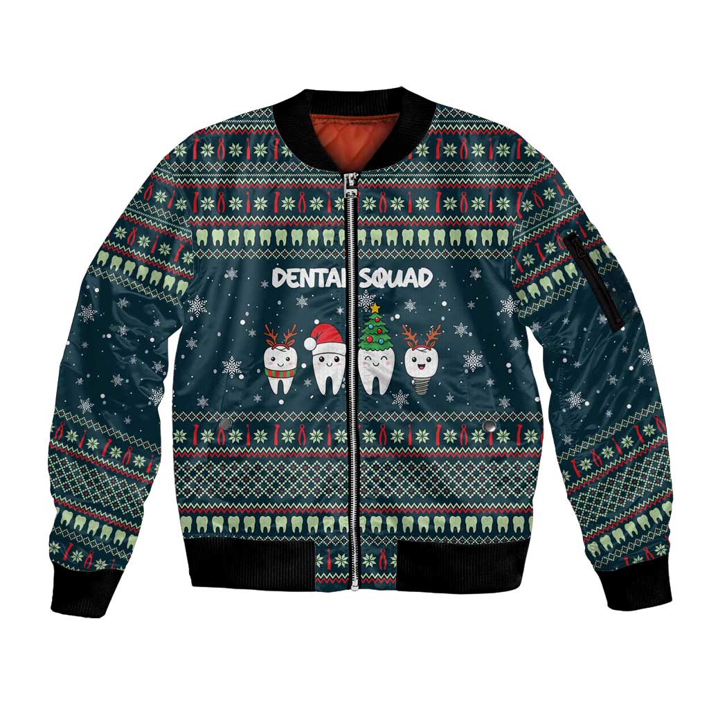 Funny Christmas Dental Squad Tooth Characters Sleeve Zip Bomber Jacket Snowflake Pattern Design - Wonder Print Shop