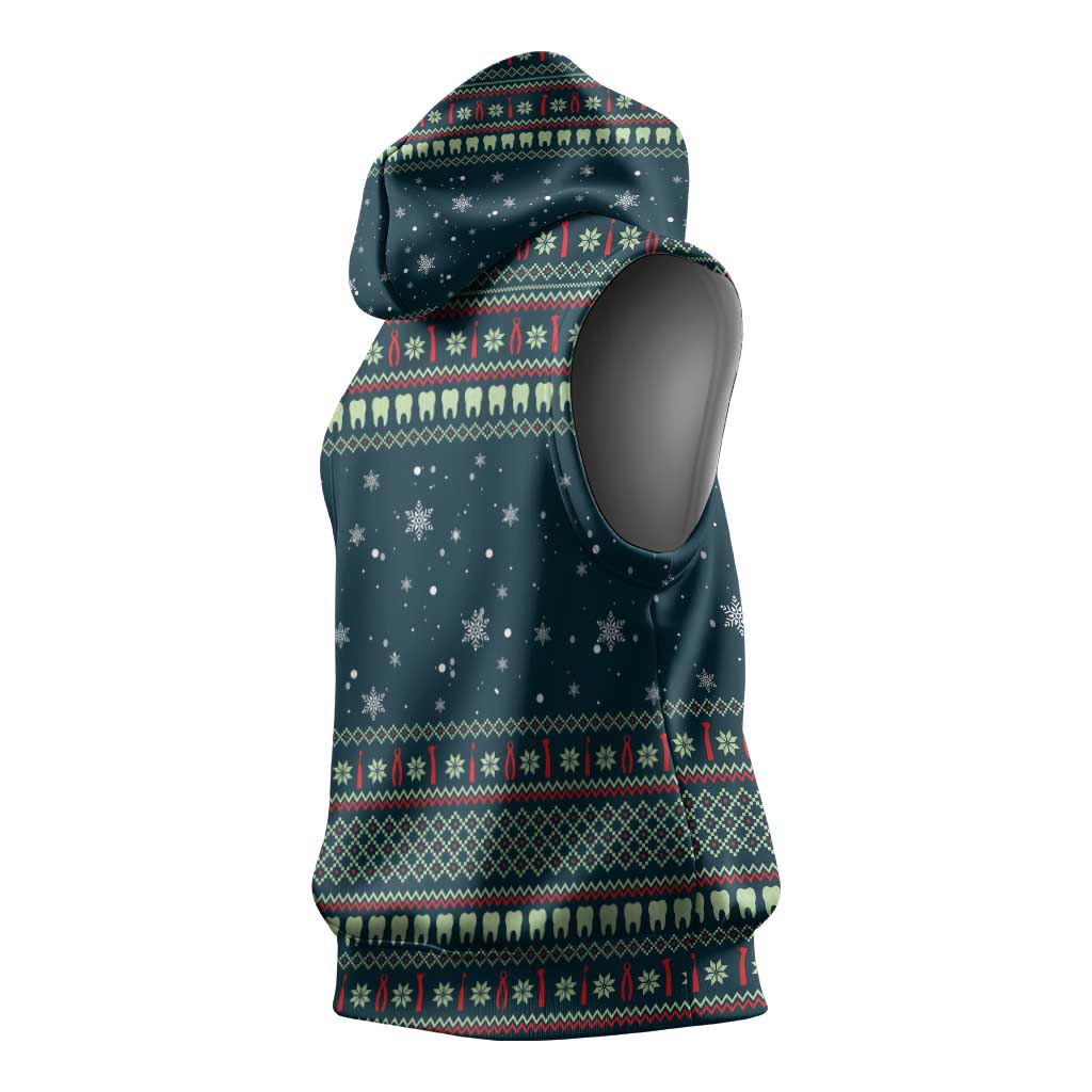 Funny Christmas Dental Squad Tooth Characters Sleeveless Hoodie Snowflake Pattern Design - Wonder Print Shop