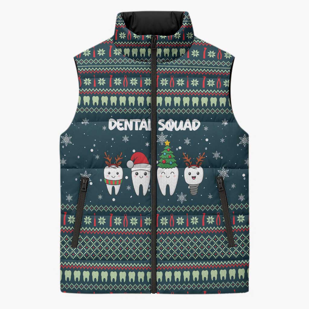 Funny Christmas Dental Squad Tooth Characters Sleeveless Puffer Jacket Snowflake Pattern Design - Wonder Print Shop