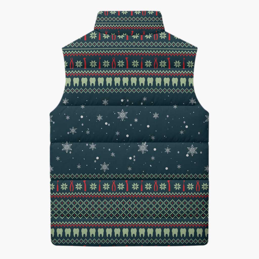 Funny Christmas Dental Squad Tooth Characters Sleeveless Puffer Jacket Snowflake Pattern Design - Wonder Print Shop