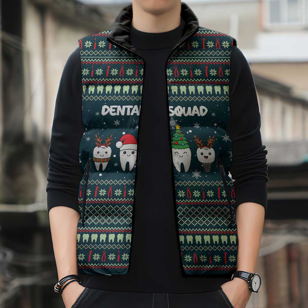 Funny Christmas Dental Squad Tooth Characters Sleeveless Puffer Jacket Snowflake Pattern Design - Wonder Print Shop