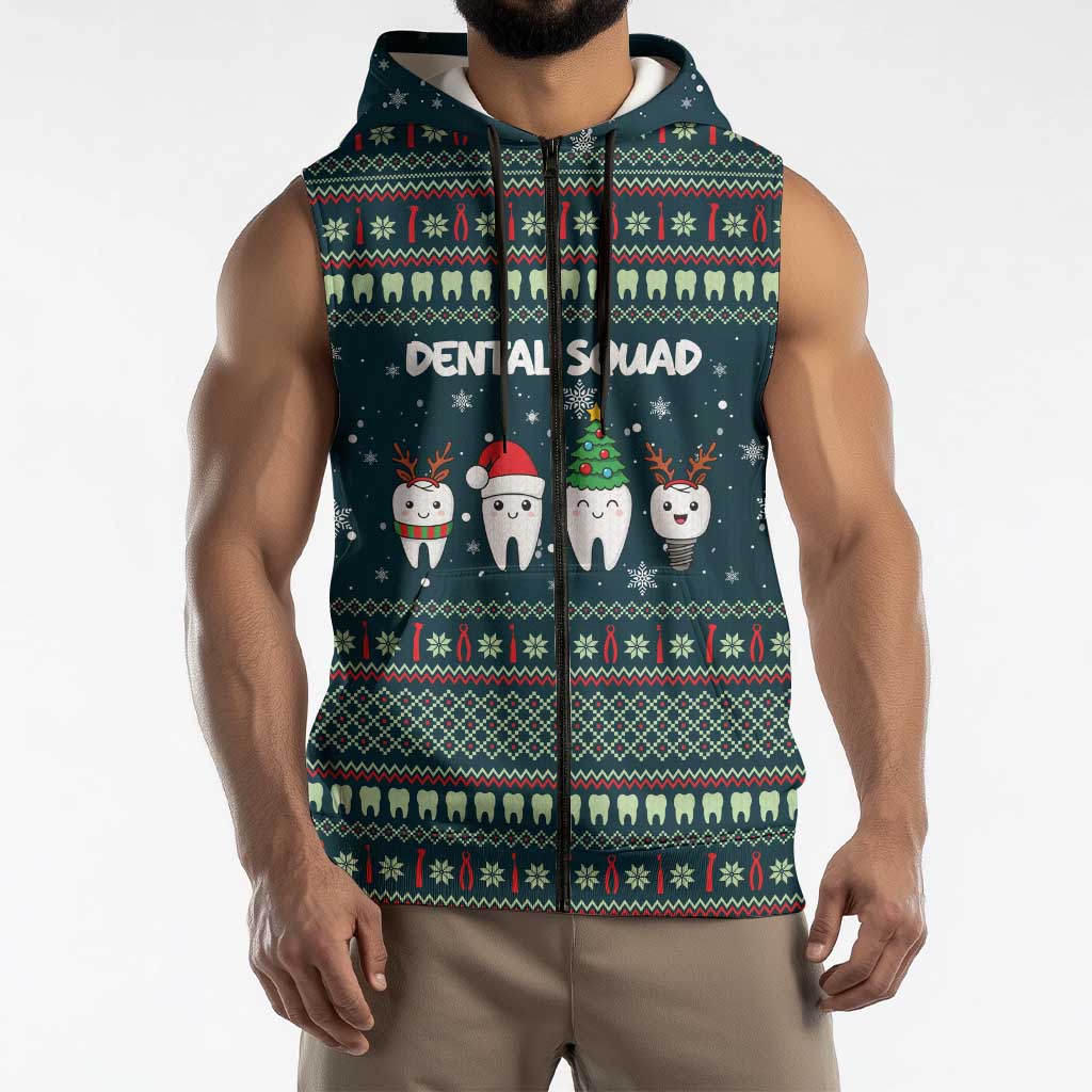 Funny Christmas Dental Squad Tooth Characters Sleeveless Zip Hoodie Snowflake Pattern Design - Wonder Print Shop