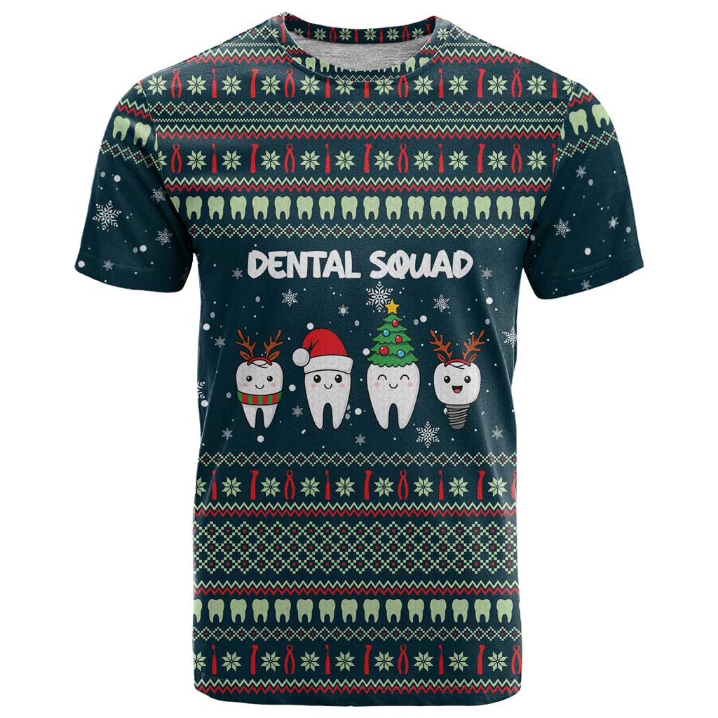 Funny Christmas Dental Squad Tooth Characters T Shirt Snowflake Pattern Design - Wonder Print Shop
