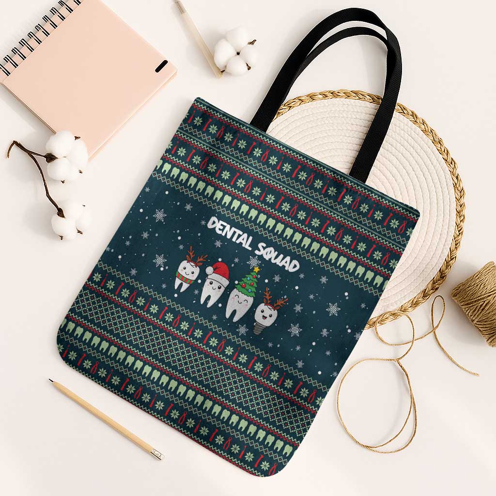Funny Christmas Dental Squad Tooth Characters Tote Bag Snowflake Pattern Design - Wonder Print Shop