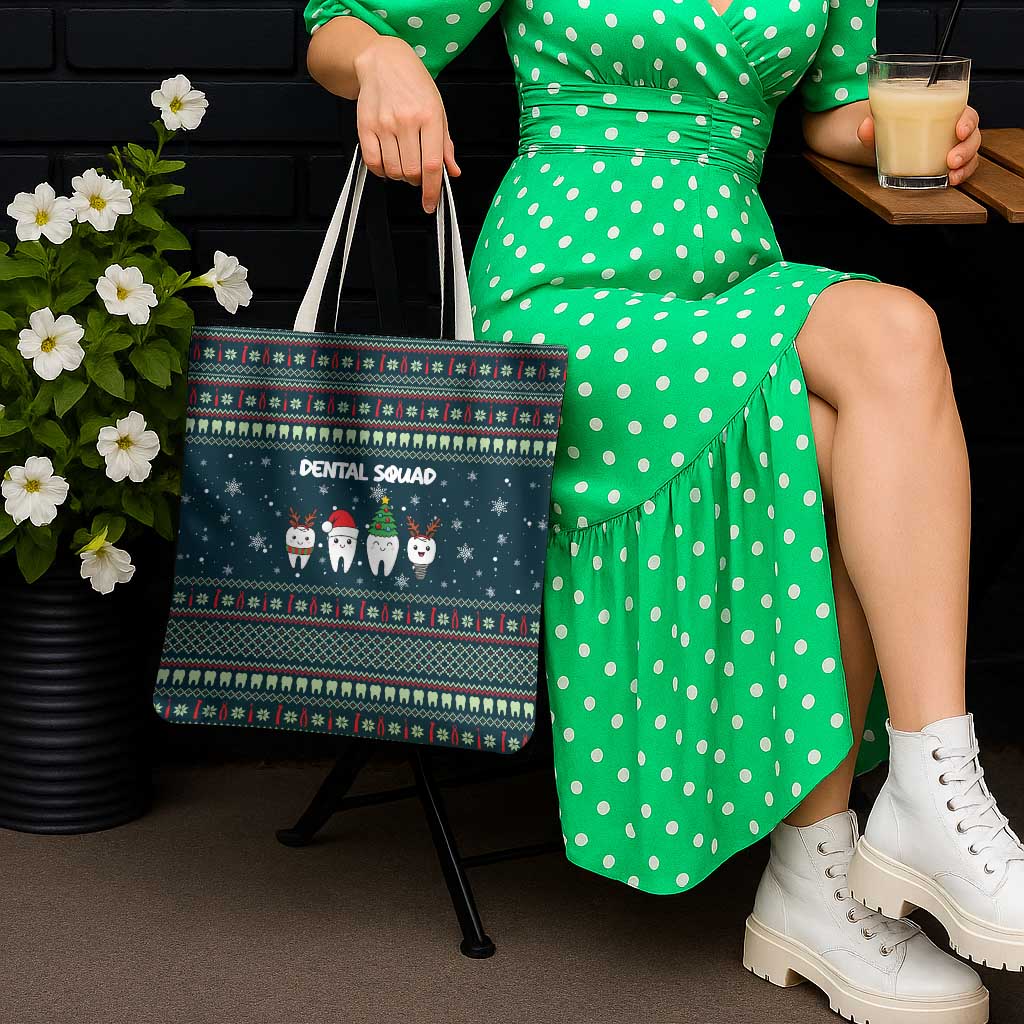 Funny Christmas Dental Squad Tooth Characters Tote Bag Snowflake Pattern Design - Wonder Print Shop