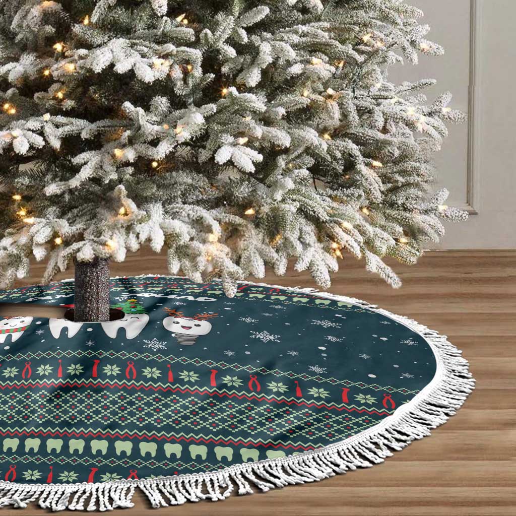 Funny Christmas Dental Squad Tooth Characters Tree Skirt Snowflake Pattern Design - Wonder Print Shop
