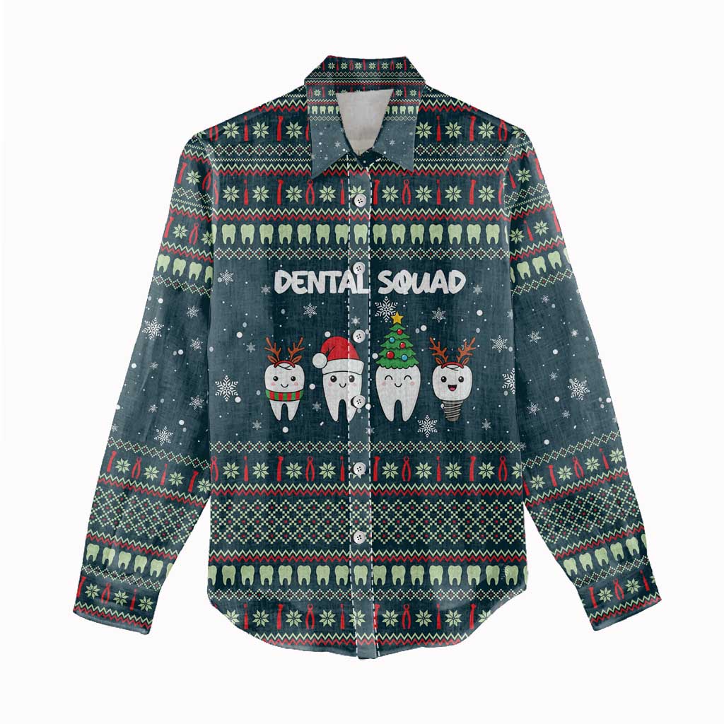 Funny Christmas Dental Squad Tooth Characters Women Casual Shirt Snowflake Pattern Design - Wonder Print Shop