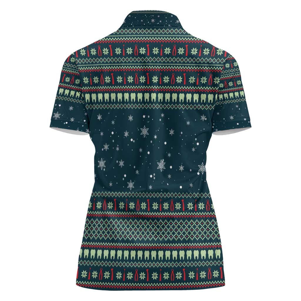 Funny Christmas Dental Squad Tooth Characters Women Polo Shirt Snowflake Pattern Design - Wonder Print Shop