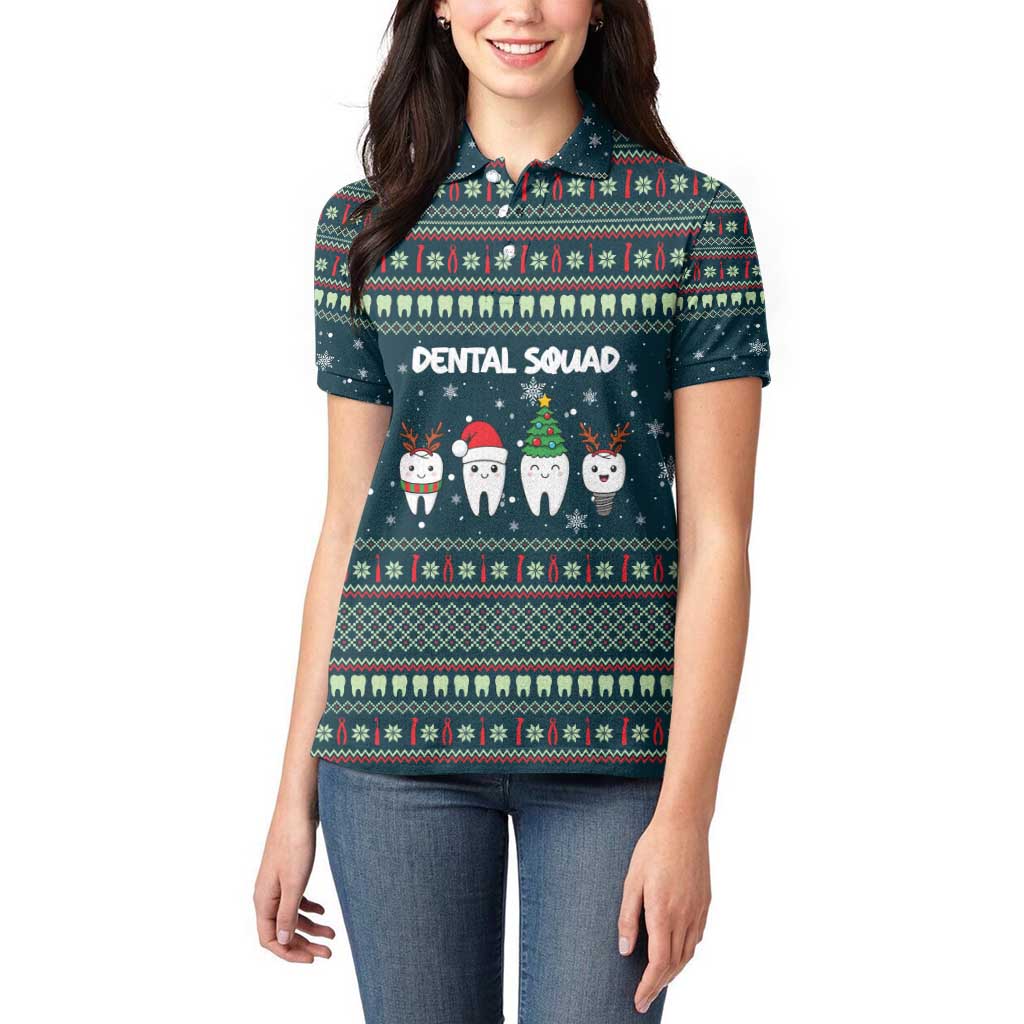 Funny Christmas Dental Squad Tooth Characters Women Polo Shirt Snowflake Pattern Design - Wonder Print Shop