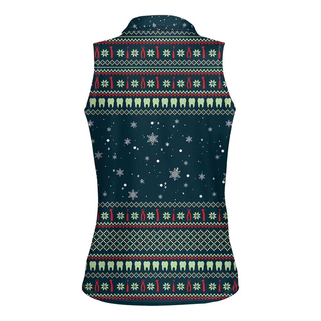 Funny Christmas Dental Squad Tooth Characters Women Sleeveless Polo Shirt Snowflake Pattern Design - Wonder Print Shop