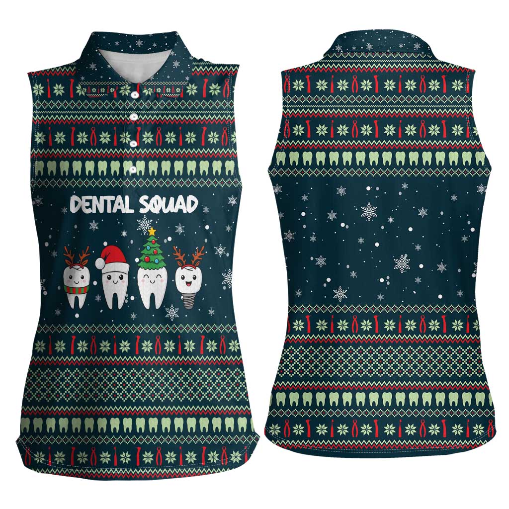 Funny Christmas Dental Squad Tooth Characters Women Sleeveless Polo Shirt Snowflake Pattern Design - Wonder Print Shop