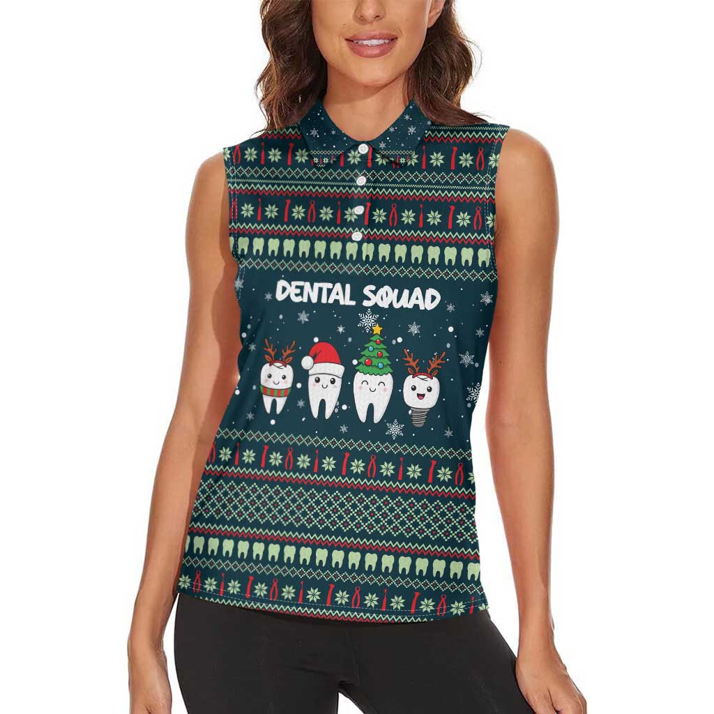 Funny Christmas Dental Squad Tooth Characters Women Sleeveless Polo Shirt Snowflake Pattern Design - Wonder Print Shop