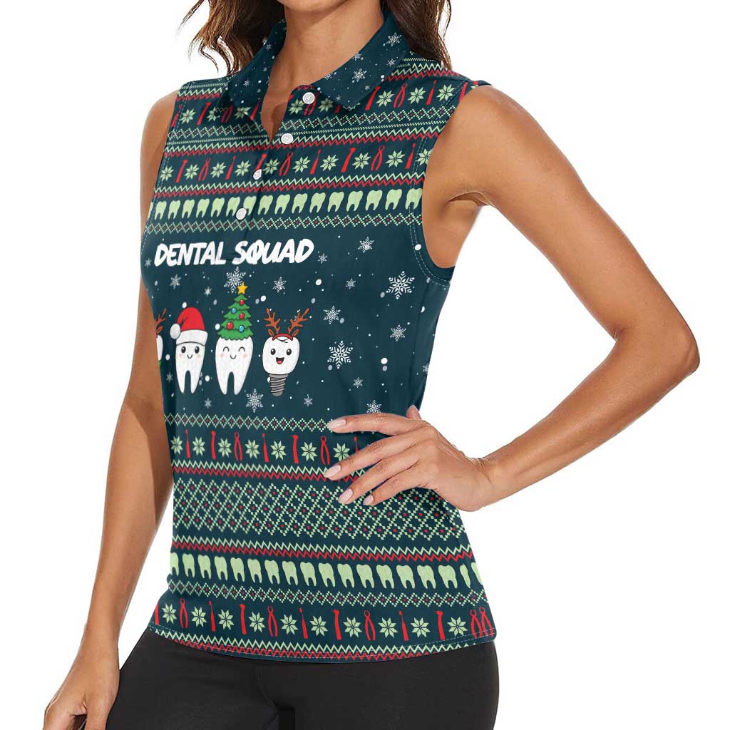 Funny Christmas Dental Squad Tooth Characters Women Sleeveless Polo Shirt Snowflake Pattern Design - Wonder Print Shop