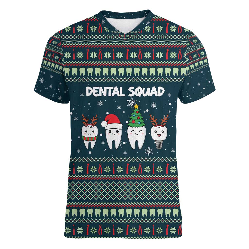 Funny Christmas Dental Squad Tooth Characters Women V-Neck T-Shirt Snowflake Pattern Design - Wonder Print Shop