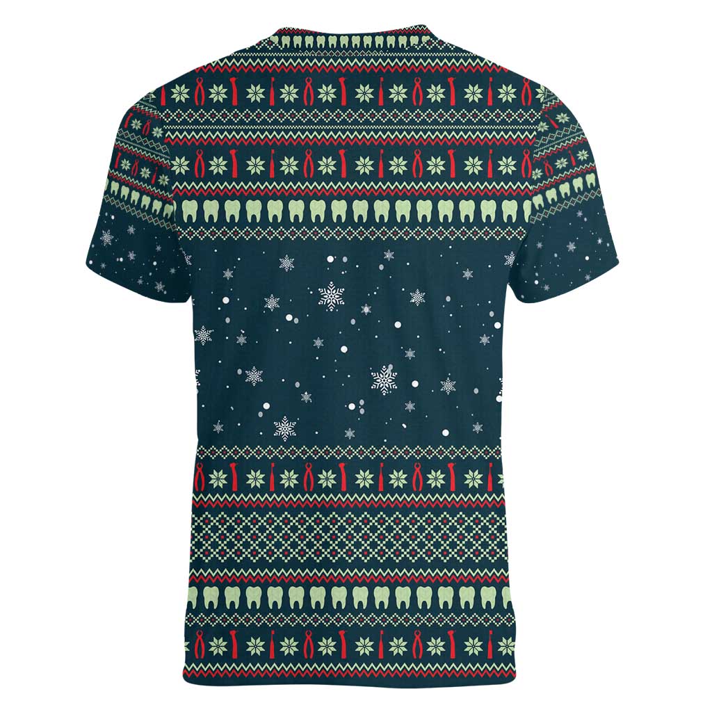 Funny Christmas Dental Squad Tooth Characters Women V-Neck T-Shirt Snowflake Pattern Design - Wonder Print Shop