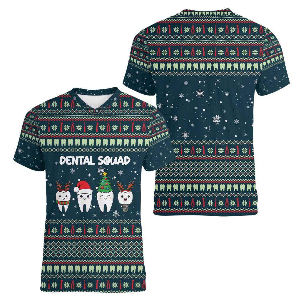 Funny Christmas Dental Squad Tooth Characters Women V-Neck T-Shirt Snowflake Pattern Design - Wonder Print Shop