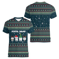 Funny Christmas Dental Squad Tooth Characters Women V-Neck T-Shirt Snowflake Pattern Design - Wonder Print Shop