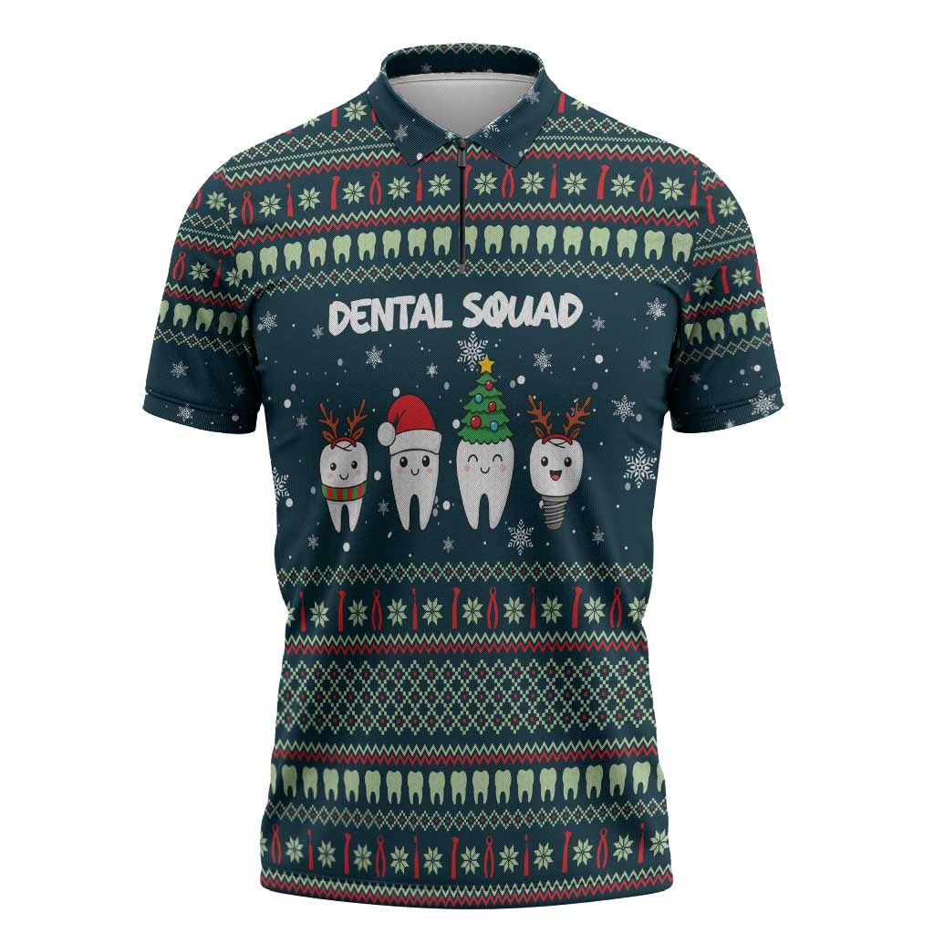 Funny Christmas Dental Squad Tooth Characters Zipper Polo Shirt Snowflake Pattern Design - Wonder Print Shop