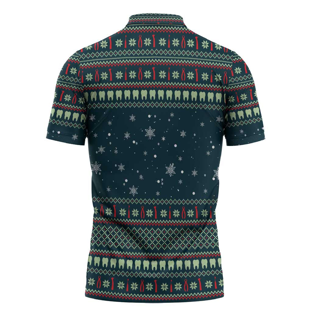 Funny Christmas Dental Squad Tooth Characters Zipper Polo Shirt Snowflake Pattern Design - Wonder Print Shop