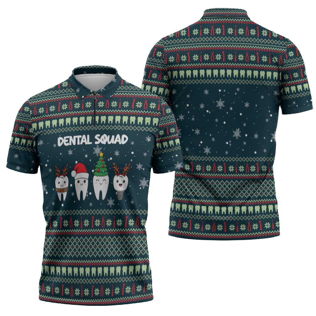 Funny Christmas Dental Squad Tooth Characters Zipper Polo Shirt Snowflake Pattern Design - Wonder Print Shop
