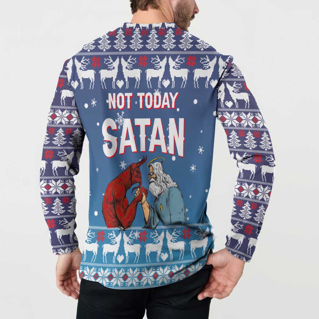 Jesus Not To Day Satan Christmas Button Sweatshirt Funny Xmas Holiday Patterns - Wonder Print Shop