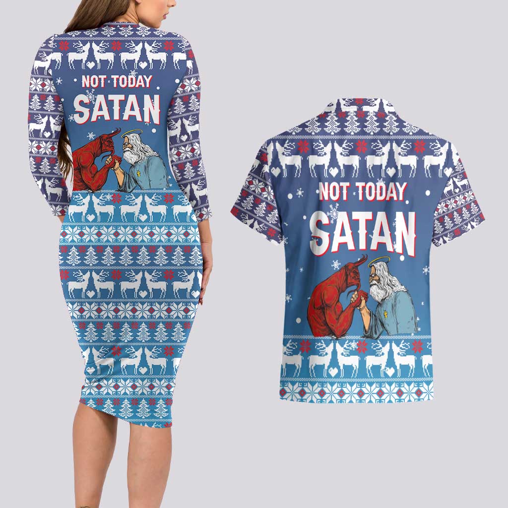 Jesus Not To Day Satan Christmas Couples Matching Long Sleeve Bodycon Dress and Hawaiian Shirt Funny Xmas Holiday Patterns - Wonder Print Shop