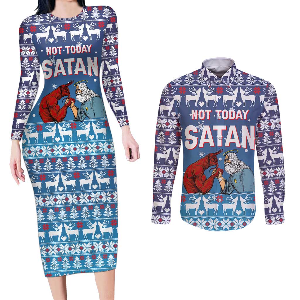 Jesus Not To Day Satan Christmas Couples Matching Long Sleeve Bodycon Dress and Long Sleeve Button Shirt Funny Xmas Holiday Patterns - Wonder Print Shop
