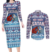 Jesus Not To Day Satan Christmas Couples Matching Long Sleeve Bodycon Dress and Long Sleeve Button Shirt Funny Xmas Holiday Patterns - Wonder Print Shop