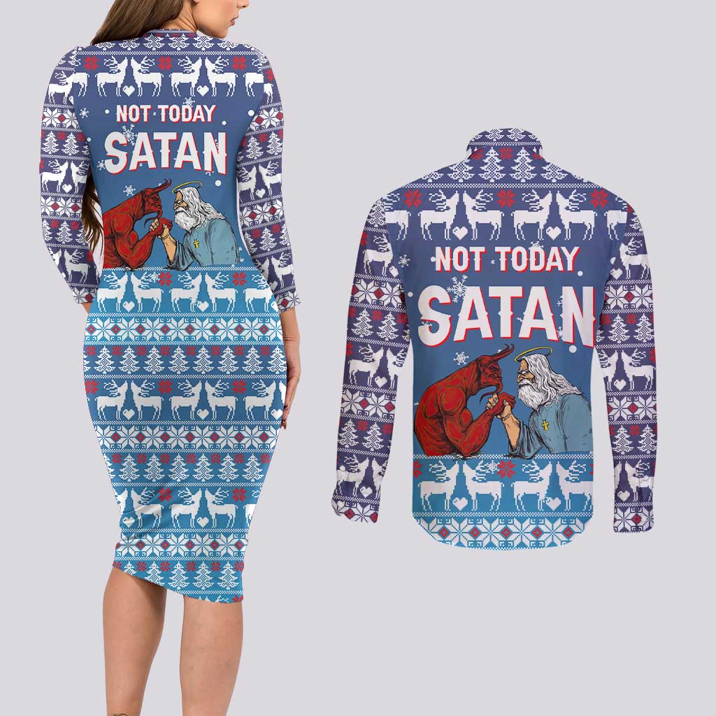 Jesus Not To Day Satan Christmas Couples Matching Long Sleeve Bodycon Dress and Long Sleeve Button Shirt Funny Xmas Holiday Patterns - Wonder Print Shop