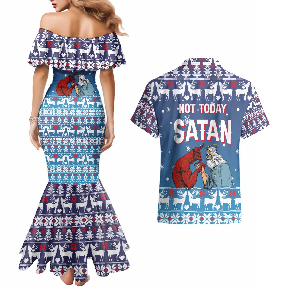 Jesus Not To Day Satan Christmas Couples Matching Mermaid Dress and Hawaiian Shirt Funny Xmas Holiday Patterns - Wonder Print Shop