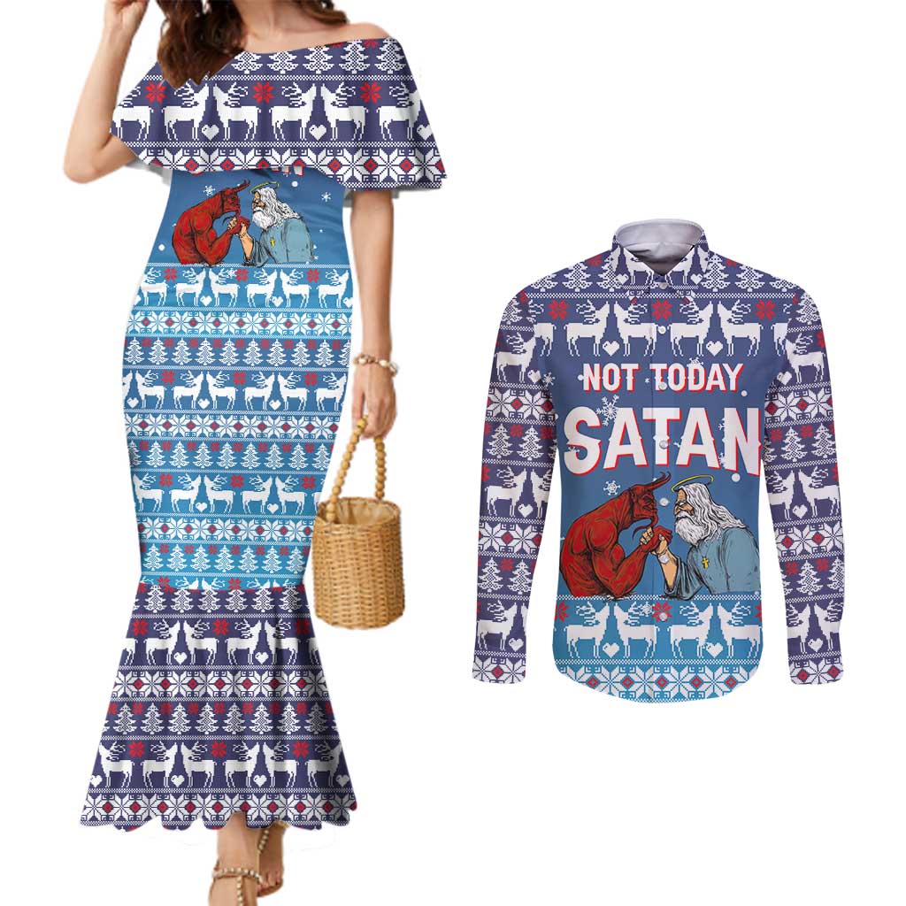 Jesus Not To Day Satan Christmas Couples Matching Mermaid Dress and Long Sleeve Button Shirt Funny Xmas Holiday Patterns - Wonder Print Shop