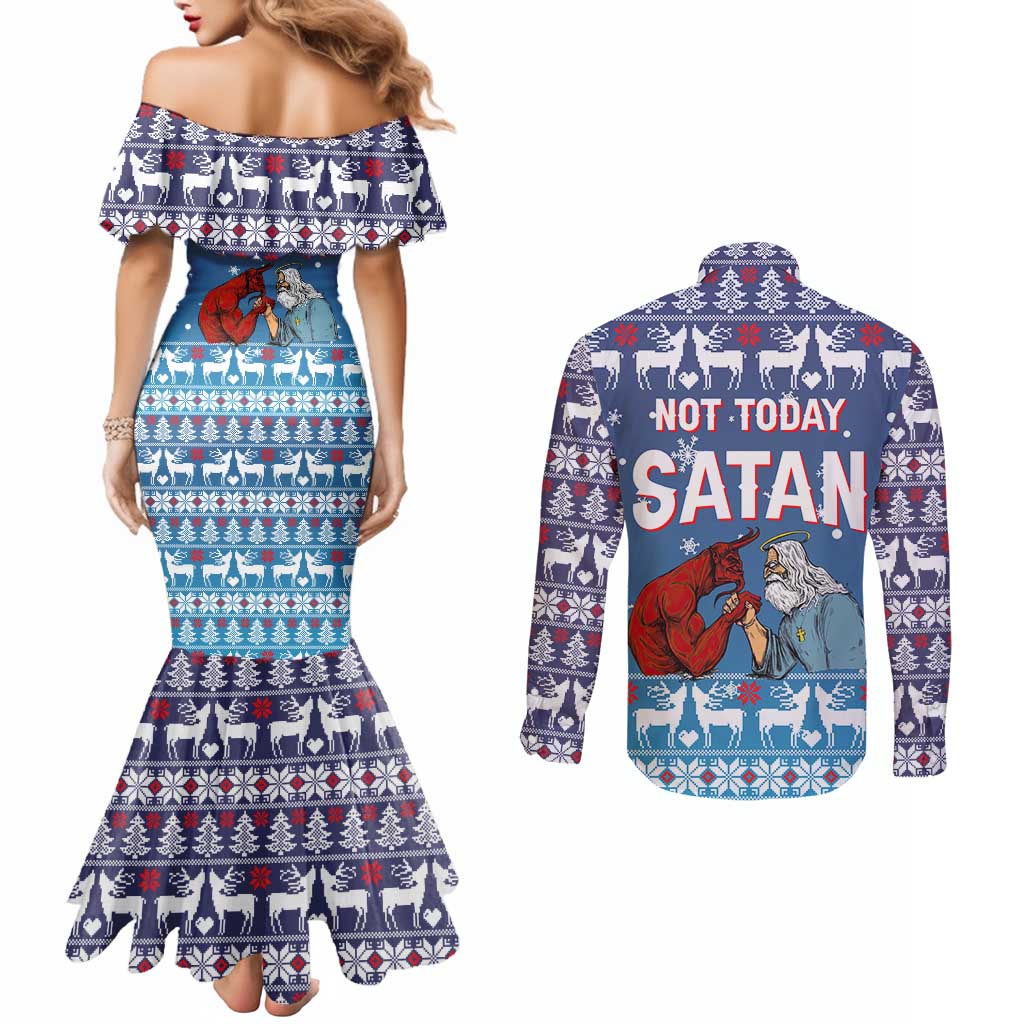 Jesus Not To Day Satan Christmas Couples Matching Mermaid Dress and Long Sleeve Button Shirt Funny Xmas Holiday Patterns - Wonder Print Shop
