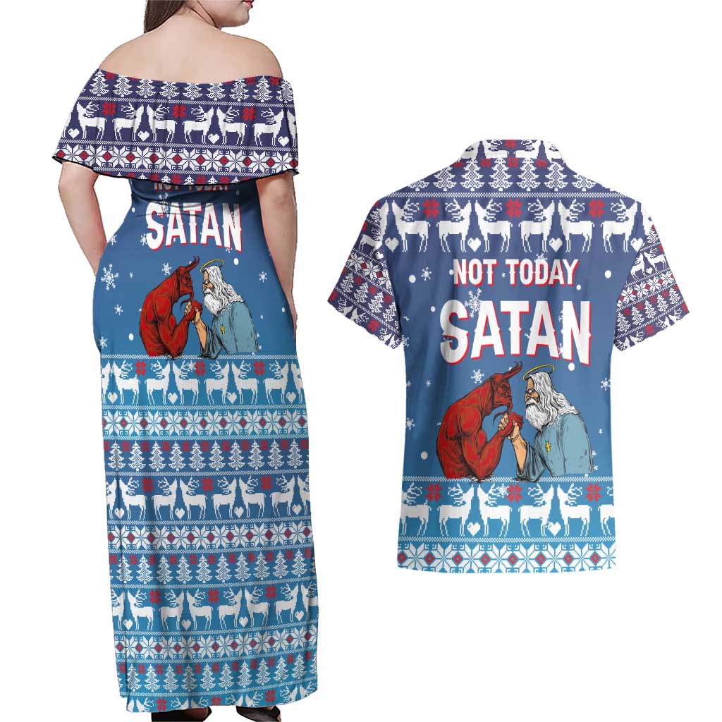 Jesus Not To Day Satan Christmas Couples Matching Off Shoulder Maxi Dress and Hawaiian Shirt Funny Xmas Holiday Patterns - Wonder Print Shop
